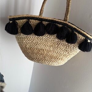 Sold - Boho Straw Beach Tote with Black Tassels & Lined Interior